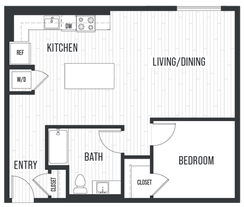 Floor plan UB. One bedroom, one bath at Sixth & Jackson Apartments in Japantown, San Jose.